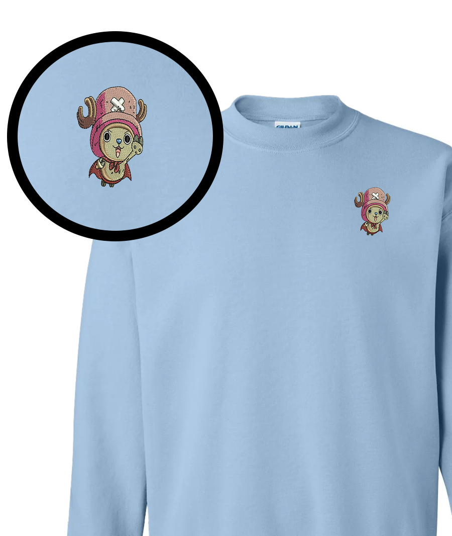 Flying Reindeer Crewneck – Light Blue Embroidered Anime-Inspired Sweater