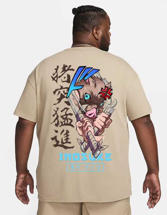 Beast breathing, Inosuke mask, Inosuke weapons, Demon Slayer , Tan shirt , Oversized anime shirt, High quality shirt, High quality, Anime gift, Anime shirt