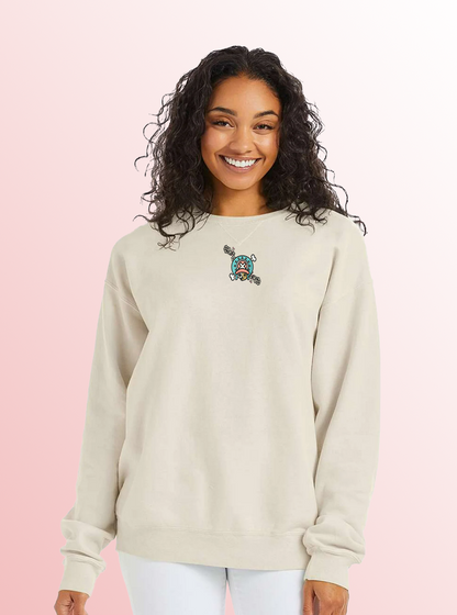 Cherry Skull Crewneck – Sand Embroidered Anime-Inspired Sweater