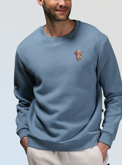 Flying Reindeer Crewneck – Light Blue Embroidered Anime-Inspired Sweater