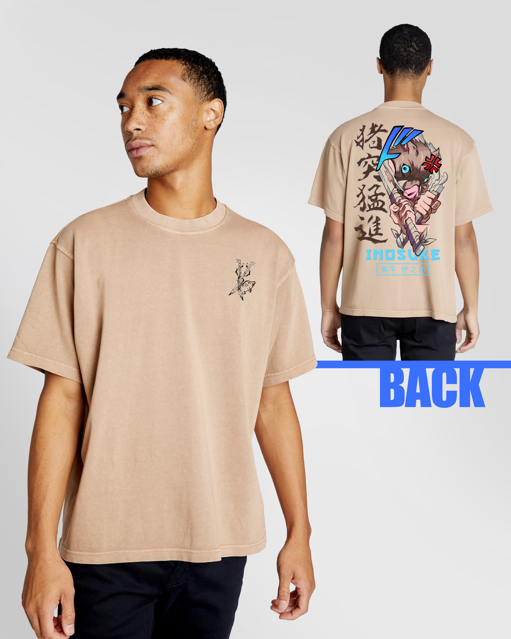 Beast breathing, Inosuke mask, Inosuke weapons, Demon Slayer , Tan shirt , Oversized anime shirt, High quality shirt, High quality, Anime gift, Anime shirt